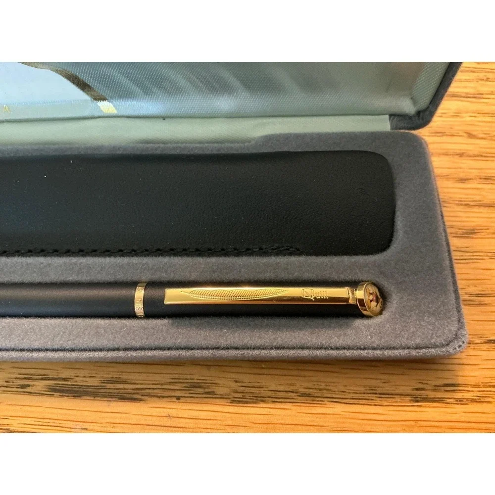 Vintage Disney Mickey Mouse Quill Ballpoint Pen Matte Black Gold Trim USA Boxed